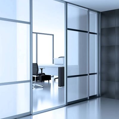 open glass door coupe in empty cubicle